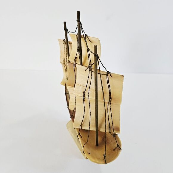 Vintage Hand Carved Ox Horn Wire Nautical Triple Mast Sailing Ship Schooner Boat - Picture 4 of 11